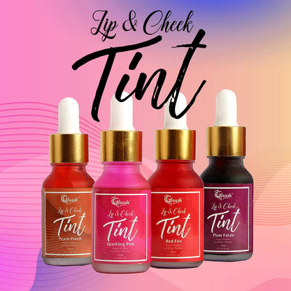 Glaash Lip & Cheek Tint Water Based 15ml - Red Fire | Plum Fatale | Sparkling Pink | Peach Punch